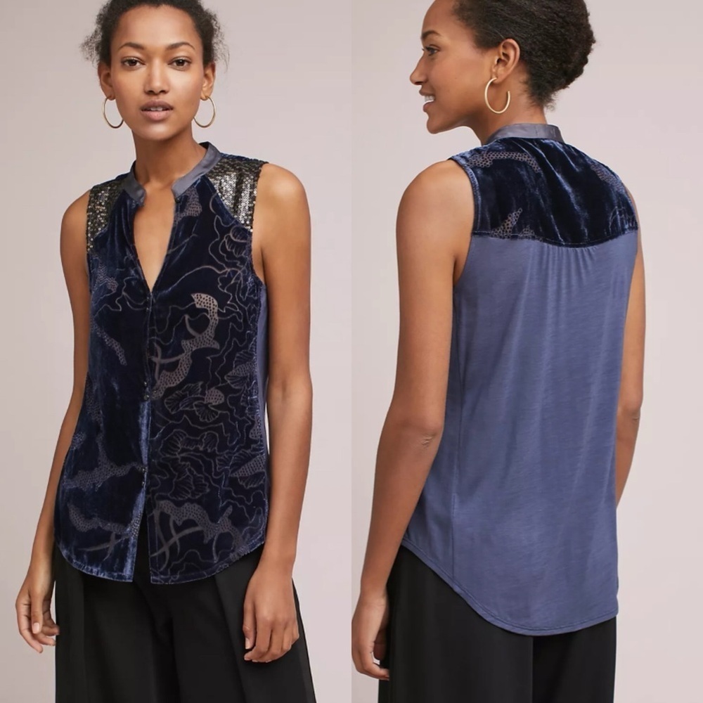 Anthropologie Tiny Ileana velvet burnout navy sleeveless blouse top small